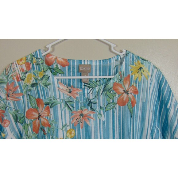 Chicos Size 2 Blue Floral Striped Top Womens Summer Large 12 Casual Resort - Picture 3 of 11